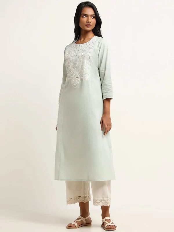 Women's long - sleeve jumpsuit pants Straight - leg women jeans with a classic and timeless appeal Utsa Mint Mirror Embroidered Cotton Kurta