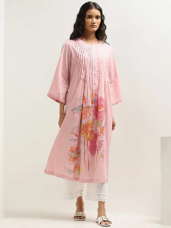 Women's pants for family gatherings Embroidered women jeans with intricate patterns Utsa Pink Floral Design Cotton A-Line Kurta