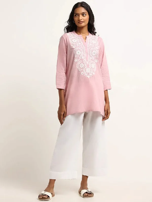Women's pants for music festivals Ripped women jeans for a rebellious and fashion - forward style Utsa Pink Floral Embroidered Cotton Kurti