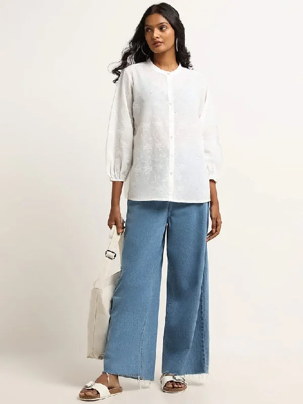 Women's unisex - style casual pants Ripped women jeans for a rebellious and fashion - forward style Utsa White Button Down Schiffli Cotton Tunic Women's unisex - style casual pants Ripped women jeans for a rebellious and fashion - forward style Utsa White Button Down Schiffli Cotton Tunic
