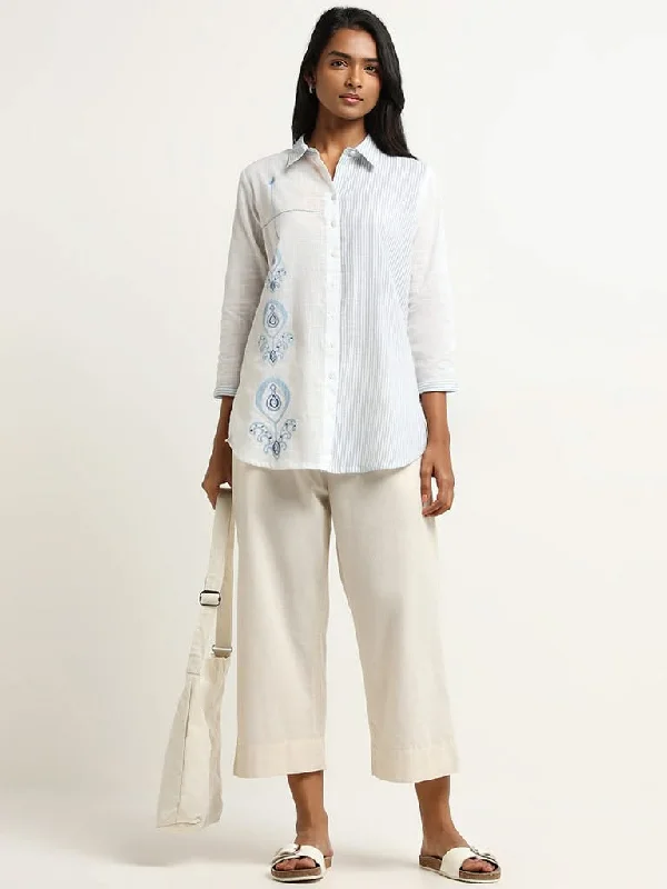 Women's unisex - style casual pants Ripped women jeans for a rebellious and fashion - forward style Utsa White Embroidered Stripe Cotton Tunic Women's unisex - style casual pants Ripped women jeans for a rebellious and fashion - forward style Utsa White Embroidered Stripe Cotton Tunic