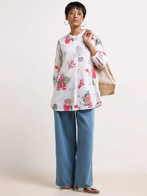 Women's long - sleeve jumpsuit pants Straight - leg women jeans with a classic and timeless appeal Utsa White Floral-Print Cotton Kurti