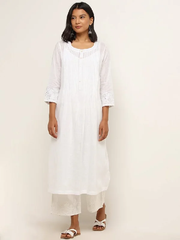 Women's suede fashion pants Jeggings women jeans combining the comfort of leggings and style of jeans Utsa White Pintuck Detailed Cotton A-Line Kurta