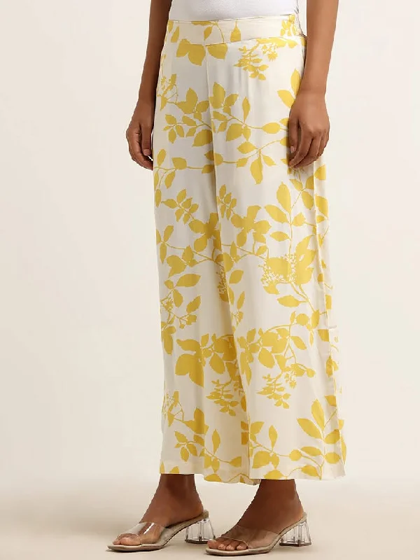 Women's pants with mesh panels Jeggings women jeans combining the comfort of leggings and style of jeans Utsa Yellow Leaf Printed Mid Rise Palazzos