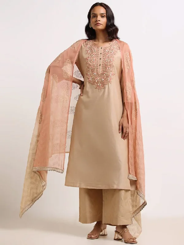 Women's drawstring athletic pants High - rise flare women jeans for a 70s - inspired look Vark Beige Embroidered Cotton Blend Kurta Set