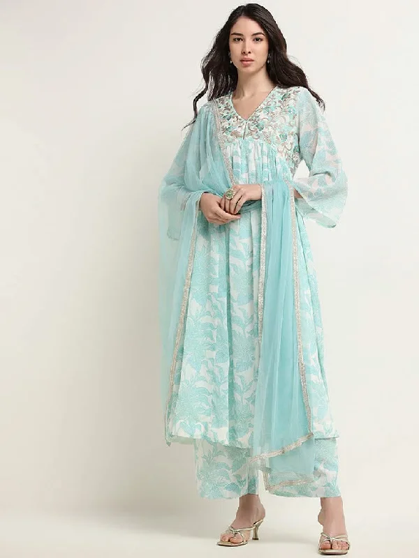 Women's on - sale casual pants Light - wash women jeans for a fresh and summery appearance Vark Blue Floral Printed Kurta, Palazzos and Dupatta Set Women's on - sale casual pants Light - wash women jeans for a fresh and summery appearance Vark Blue Floral Printed Kurta, Palazzos and Dupatta Set