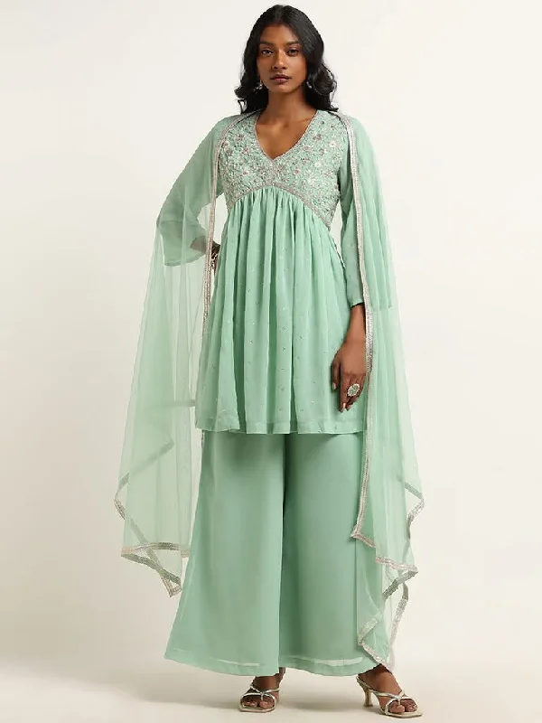 Women's designer brand pants High - rise flare women jeans for a 70s - inspired look Vark Green A-line Kurta, Palazzos and Dupatta Set Women's designer brand pants High - rise flare women jeans for a 70s - inspired look Vark Green A-line Kurta, Palazzos and Dupatta Set