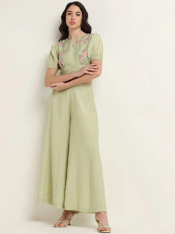 Women's pants for outdoor adventures Dark - wash women jeans for a sophisticated and slimming effect Vark Green Floral Embroidered Crop Top & Palazzos Set Women's pants for outdoor adventures Dark - wash women jeans for a sophisticated and slimming effect Vark Green Floral Embroidered Crop Top & Palazzos Set