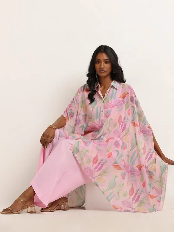 Women's matching top and pants set Mom jeans for a nostalgic and casual look Vark Pink Floral Design Kaftan, Inner and Palazzos Set Women's matching top and pants set Mom jeans for a nostalgic and casual look Vark Pink Floral Design Kaftan, Inner and Palazzos Set