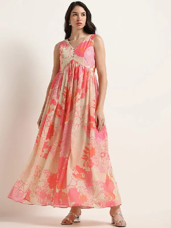 Women's button - fly jeans pants Wide - leg women jeans for a modern and relaxed vibe Vark Pink Floral Flared Maxi Dress