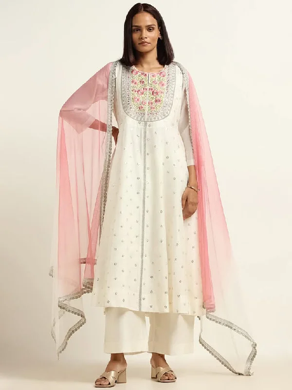 Women's recycled - material workout pants Wide - leg women jeans for a modern and relaxed vibe Vark White Kurta, Palazzos and Dupatta Set