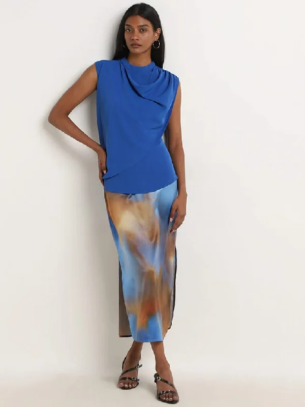 Women's pants for theme park visits Mom jeans for a nostalgic and casual look Wardrobe Blue Tie-Dye High Rise Skirt with Slit
