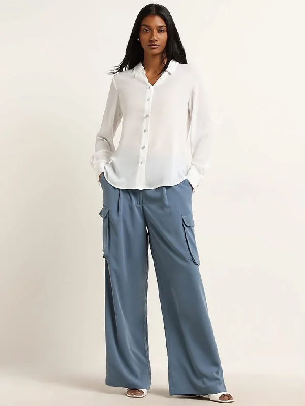 Women's pants for yoga studio Cargo women jeans with multiple pockets for added functionality Wardrobe Dusty Blue Cargo-Style High Rise Trousers