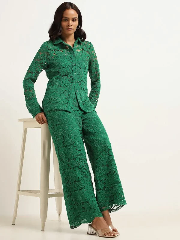 Women's pleated office pants Dark - wash women jeans for a sophisticated and slimming effect Wardrobe Green Lace Wide-Leg Pants