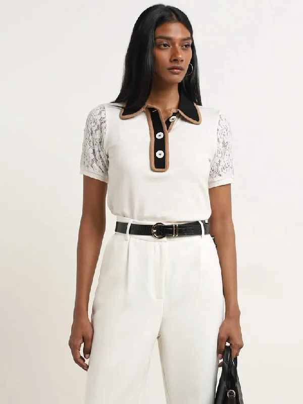 Women's pants for travel Embellished women jeans with studs or rhinestones for a glamorous touch Wardrobe Off-White Lace Detailed Knitted Top