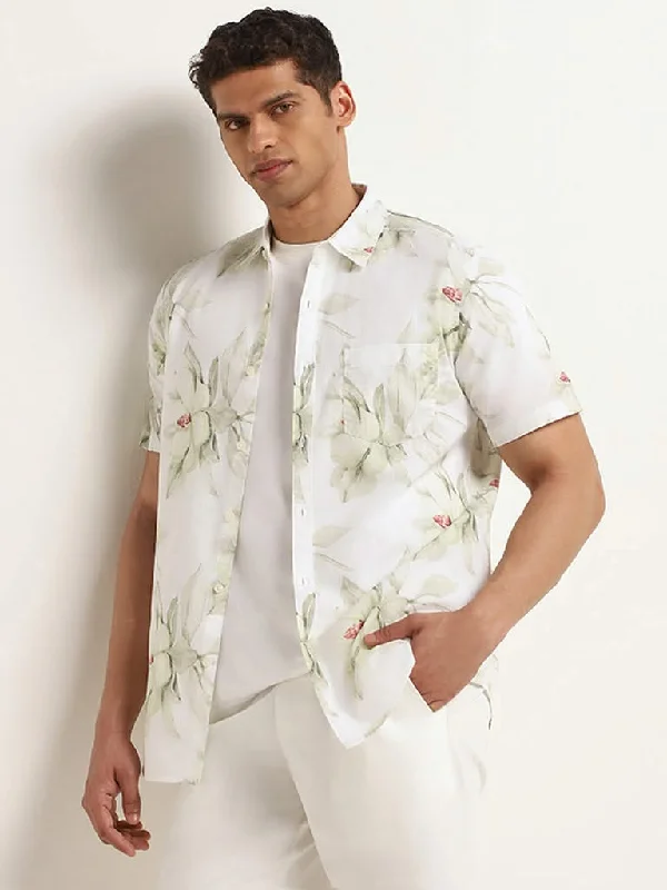 Women's button - fly jeans pants Wide - leg women jeans for a modern and relaxed vibe WES Casuals White Floral Print Cotton Slim Fit Shirt Women's button - fly jeans pants Wide - leg women jeans for a modern and relaxed vibe WES Casuals White Floral Print Cotton Slim Fit Shirt