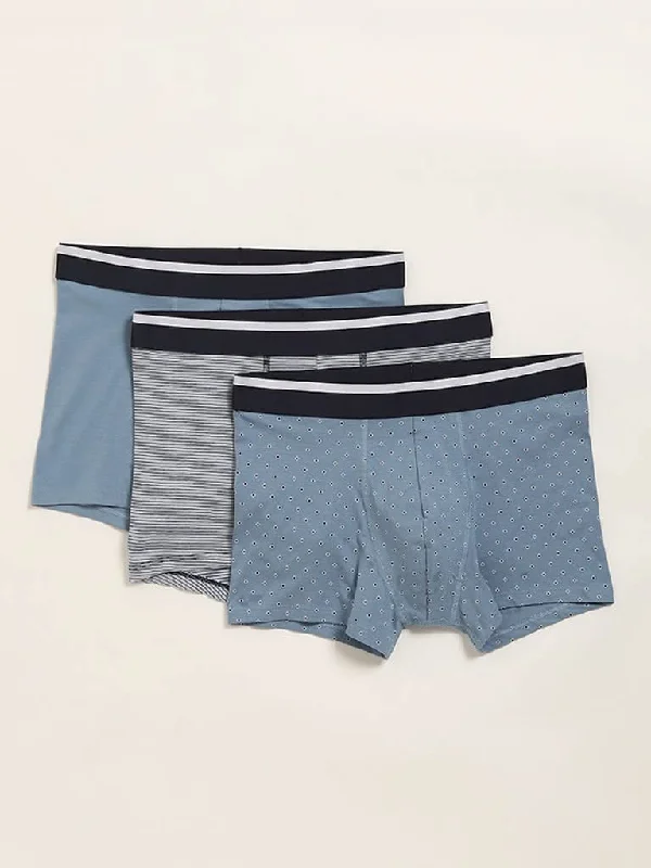 Women's summer - weight linen pants High - waisted women jeans for a flattering silhouette WES Lounge Light Blue Cotton Blend Relaxed Fit Trunks - Pack of 3