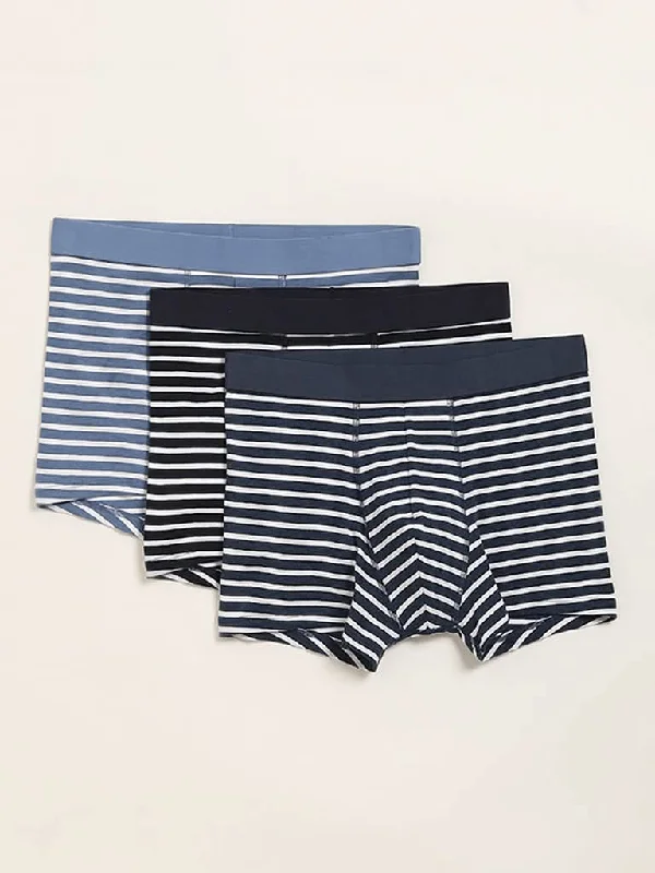 Women's one - piece jumpsuit pants Embroidered women jeans with intricate patterns WES Lounge Navy Striped Cotton Blend Relaxed Fit Trunks - Pack of 3