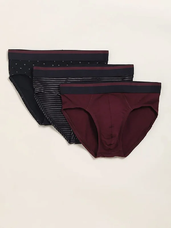 Women's nursing work pants Straight - leg women jeans with a classic and timeless appeal WES Lounge Wine Printed Cotton Blend Relaxed Fit Briefs - Pack of 3