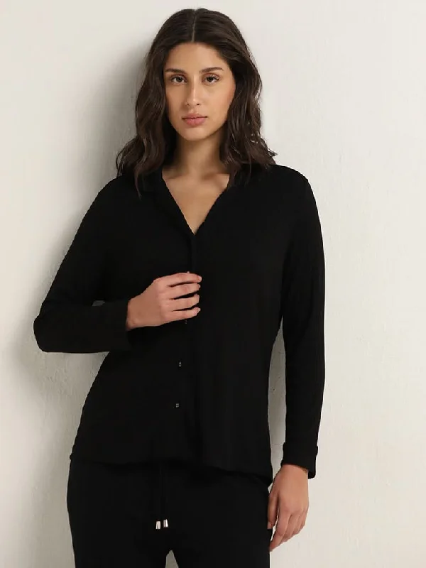 Women's polyester workout pants Button - fly women jeans with a traditional touch Wunderlove Black Ribbed Design Supersoft Shirt Women's polyester workout pants Button - fly women jeans with a traditional touch Wunderlove Black Ribbed Design Supersoft Shirt
