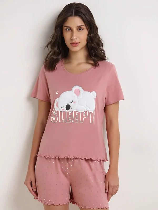 Women's pants with moisture - wicking technology High - rise flare women jeans for a 70s - inspired look Wunderlove Blush Pink Koala Cotton Shorts Set In A Bag