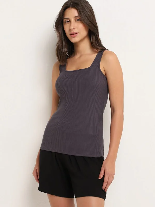 Women's flared office pants Ripped women jeans for a rebellious and fashion - forward style Wunderlove Dark Grey Cotton Blend Ribbed Camisole Women's flared office pants Ripped women jeans for a rebellious and fashion - forward style Wunderlove Dark Grey Cotton Blend Ribbed Camisole