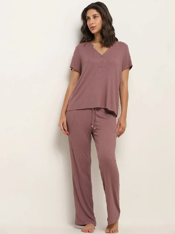Women's long - length casual pants Straight - leg women jeans with a classic and timeless appeal Wunderlove Dark Mauve Ribbed Mid Rise Pyjamas