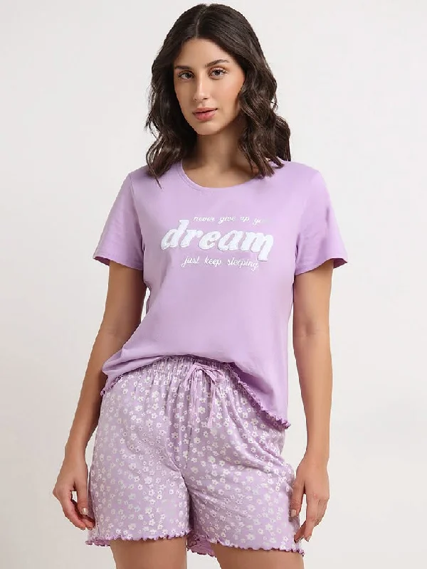 Women's luxury leather pants Stretch women jeans for enhanced mobility and comfort Wunderlove Lilac Text Printed Cotton Shorts Set In A Bag