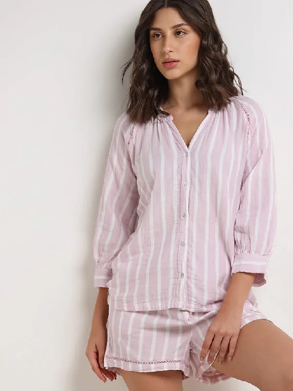 Women's velvet party pants Embellished women jeans with studs or rhinestones for a glamorous touch Wunderlove Pink Striped Cotton Top and Shorts Set