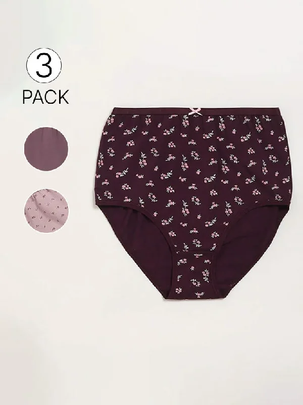 Women's summer - weight linen pants High - waisted women jeans for a flattering silhouette Wunderlove Violet Floral Cotton Blend Full Briefs - Pack of 3