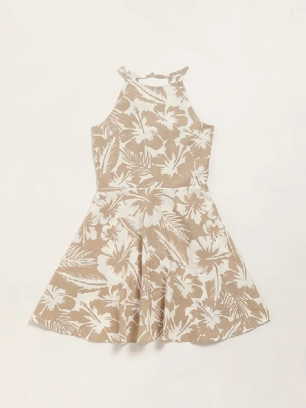 Women's printed floral pants High - waisted women jeans for a flattering silhouette Y&F Kids Beige Printed A-Line Dress