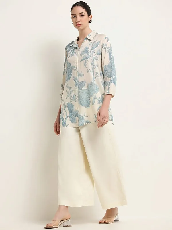 Women's button - fly jeans pants Wide - leg women jeans for a modern and relaxed vibe Zuba Blue Floral Print Button-Down Tunic Women's button - fly jeans pants Wide - leg women jeans for a modern and relaxed vibe Zuba Blue Floral Print Button-Down Tunic