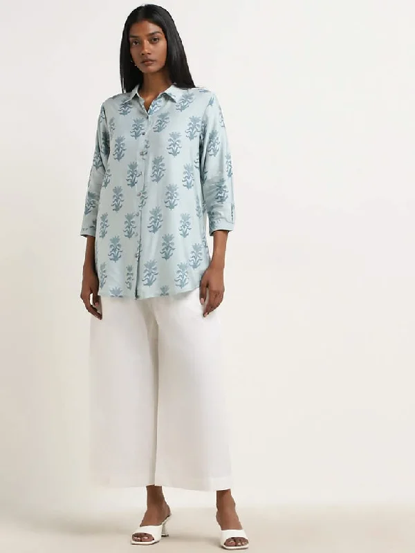 Women's pants for gym workouts Light - wash women jeans for a fresh and summery appearance Zuba Light Blue Floral Pattern Cotton Blend Straight Tunic