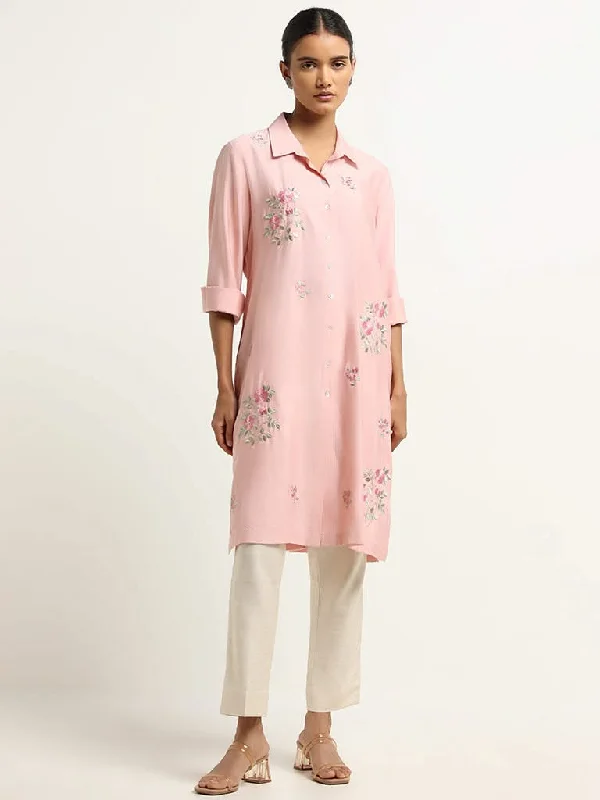 Women's pants with thermal lining Wide - leg women jeans for a modern and relaxed vibe Zuba Pink A-Line Floral Embroidered Kurta