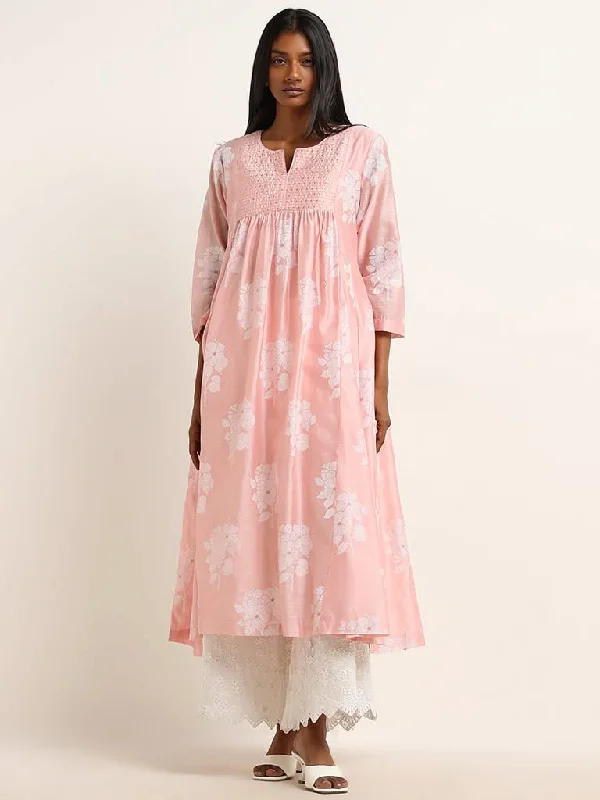 Women's tie - dye festival pants Straight - leg women jeans with a classic and timeless appeal Zuba Pink Bandhani Floral Design Cotton Blend A-Line Kurta with Camisole