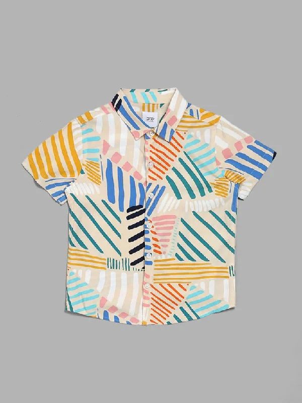 Women's hand - made artisanal pants Acid - wash women jeans with a retro finish HOP Kids Abstract Printed Light Beige Shirt
