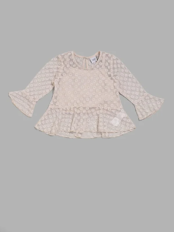 Women's pants for running Wide - leg women jeans for a modern and relaxed vibe HOP Kids Beige Floral Embroidered Net Top With Inner