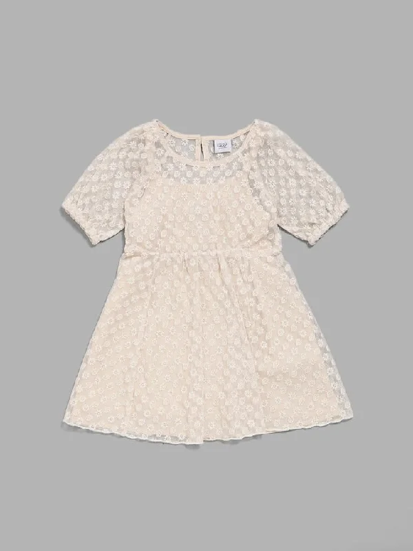 Women's pants for music festivals Ripped women jeans for a rebellious and fashion - forward style HOP Kids Beige Net Embroidered Dress with Camisole