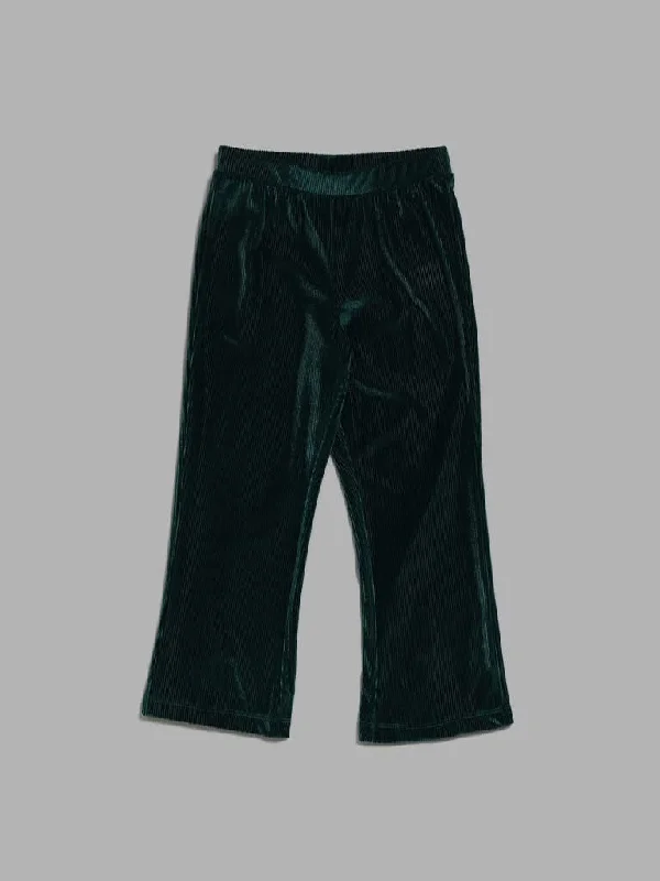 Women's pants for cocktail parties Distressed women jeans for a trendy and edgy look HOP Kids Green Velvet Wide Leg Trousers