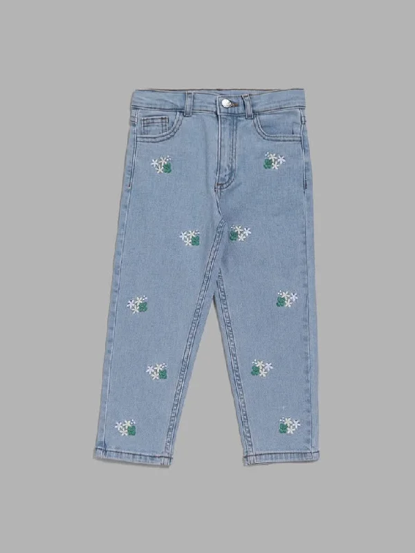 Women's pants for cycling Jeggings women jeans combining the comfort of leggings and style of jeans HOP Kids Light Blue Floral Embroidered Denim Jeans