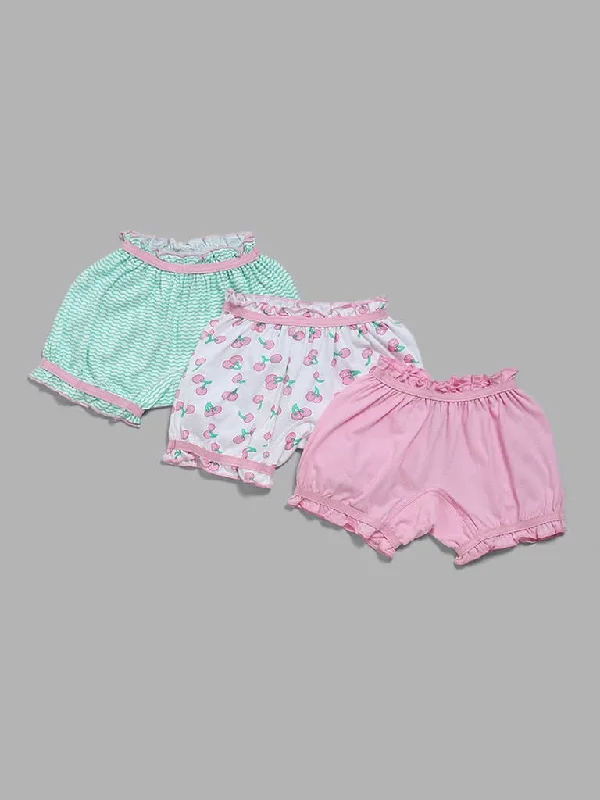 Women's eco - friendly organic pants Mom jeans for a nostalgic and casual look HOP Kids Pink Cherry Printed Bloomers - Pack of 3