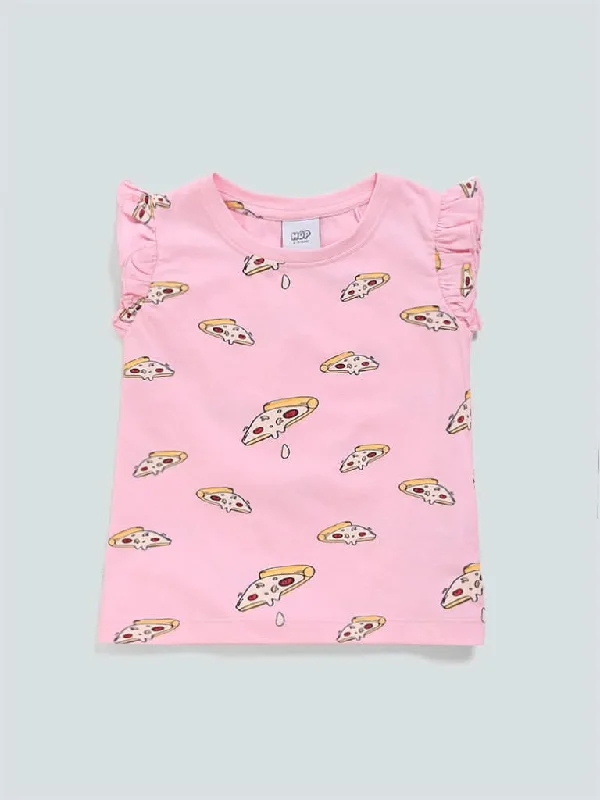 Women's two - piece pant set Ripped women jeans for a rebellious and fashion - forward style HOP Kids Pizza Printed Pink T-Shirt