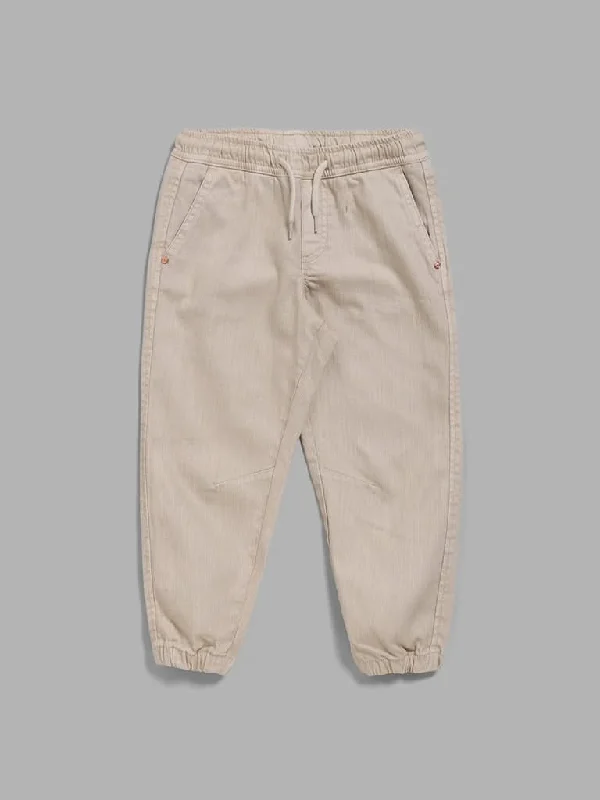 Women's elastic - waist lounge pants Acid - wash women jeans with a retro finish HOP Kids Solid Beige Joggers