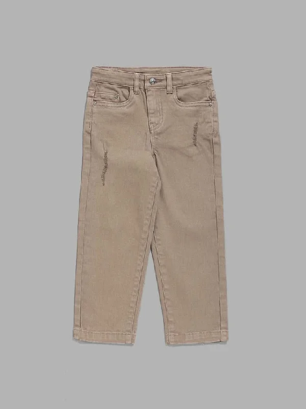 Women's pants with anti - odor properties Stretch women jeans for enhanced mobility and comfort HOP Kids Solid Beige Relaxed - Fit Mid - Rise Denim Jeans