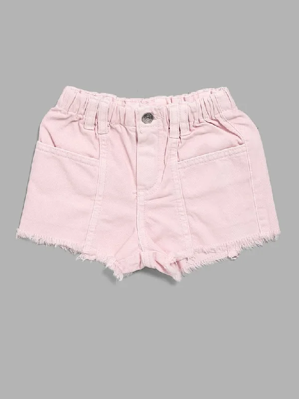 Women's ruffled hem dress pants Cargo women jeans with multiple pockets for added functionality HOP Kids Solid Light Pink Denim Shorts