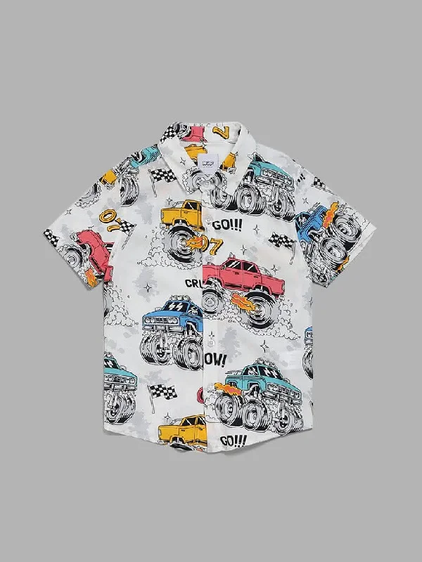 Women's hand - made artisanal pants Acid - wash women jeans with a retro finish HOP Kids White Monster Truck Printed Shirt
