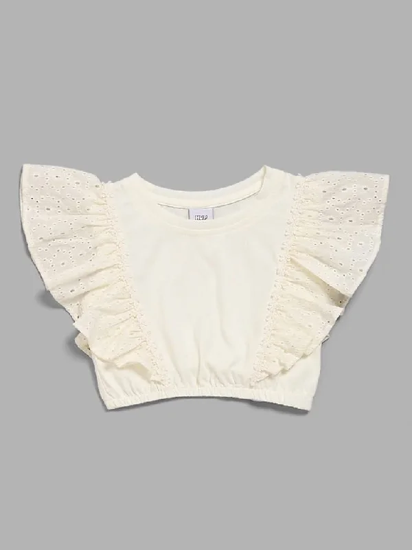 Women's pants with mesh panels Jeggings women jeans combining the comfort of leggings and style of jeans HOP Kids White Schiffli Sleeves Crop Top