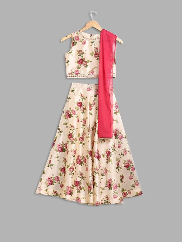 Women's pants for theme park visits Mom jeans for a nostalgic and casual look Utsa Kids Beige Floral Printed Top, Skirt and Dupatta Set (8 -14yrs)