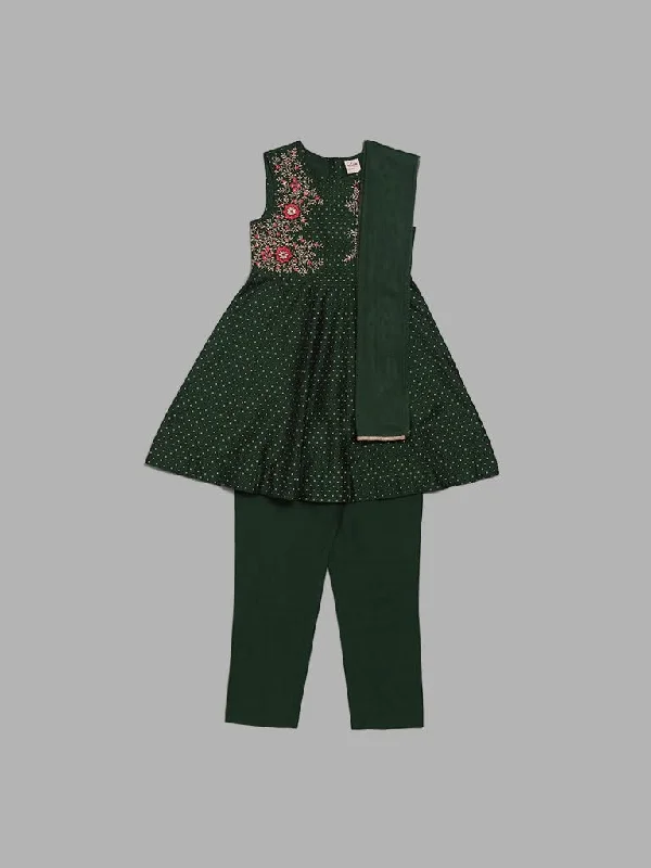 Women's senior - friendly lounge pants Embroidered women jeans with intricate patterns Utsa Kids Dark Green Floral Embroidered Kurta, Pants & Dupatta Set (8 -14yrs)