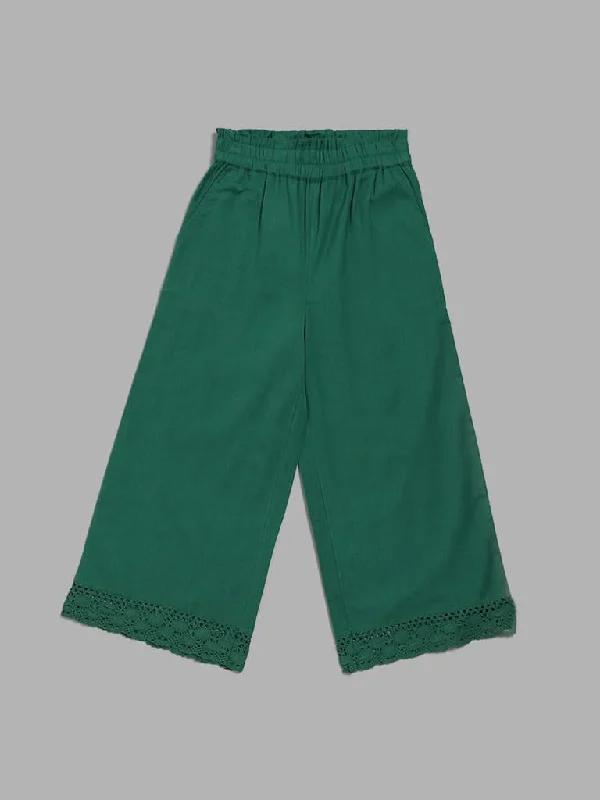 Women's pants for swimming (board shorts style) High - rise flare women jeans for a 70s - inspired look Utsa Kids Emerald Green Schiffli Lace Insert Palazzos (8 -14yrs)